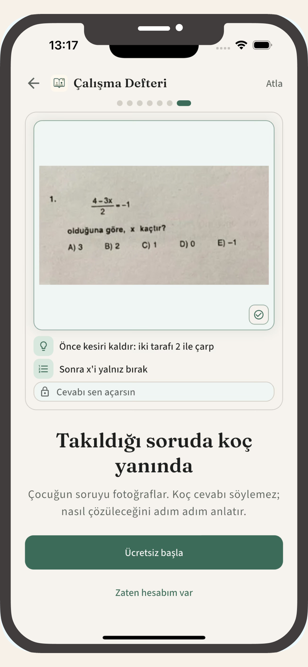 Fotoğraf koç ekranı — soruyu çek, adımları gör